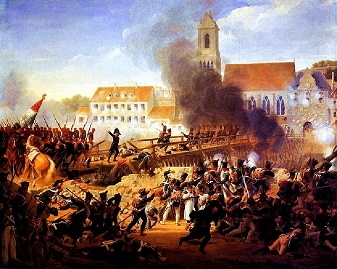 Le général Georges Mouton mène les compagnies de grenadiers du 17ème de ligne sur le pont de Landshut – par Louis Hersent-Crossing